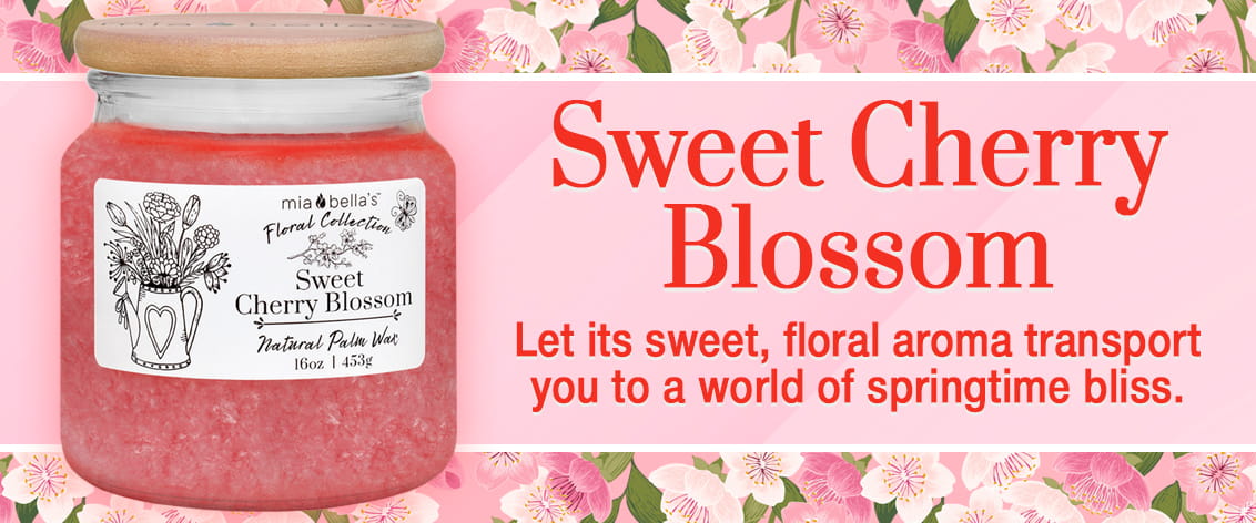 Sweet Cherry Blossom - Let its sweet, floral aroma transport you to a world of springtime bliss  - Available in 16oz Jars & Mia Melts™